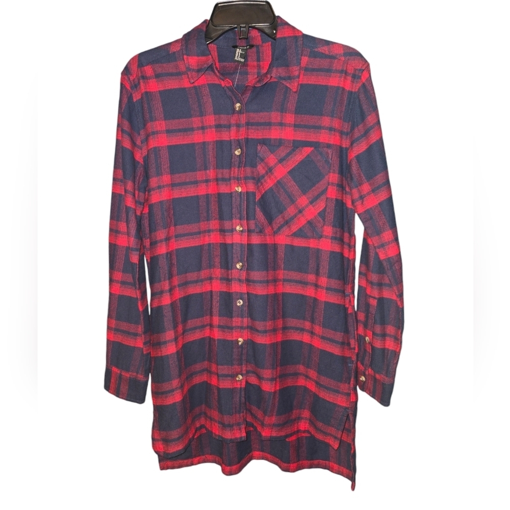 NWT! Forever 21 Navy & Red Plaid Button Down Shirt dress, Size Small, CABINCORE
